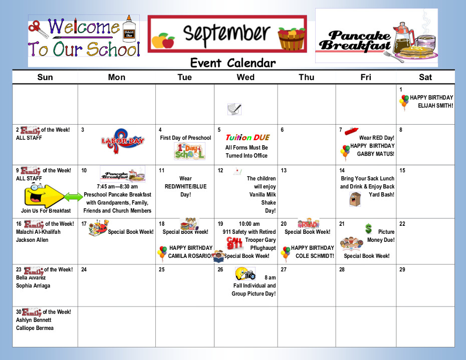 Monthly Event Calendar Preschool at Trinity Lutheran Church