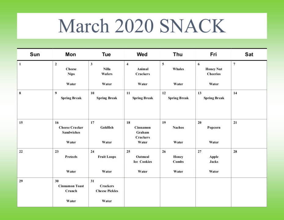 Monthly Snack Calendar Preschool at Trinity Lutheran Church